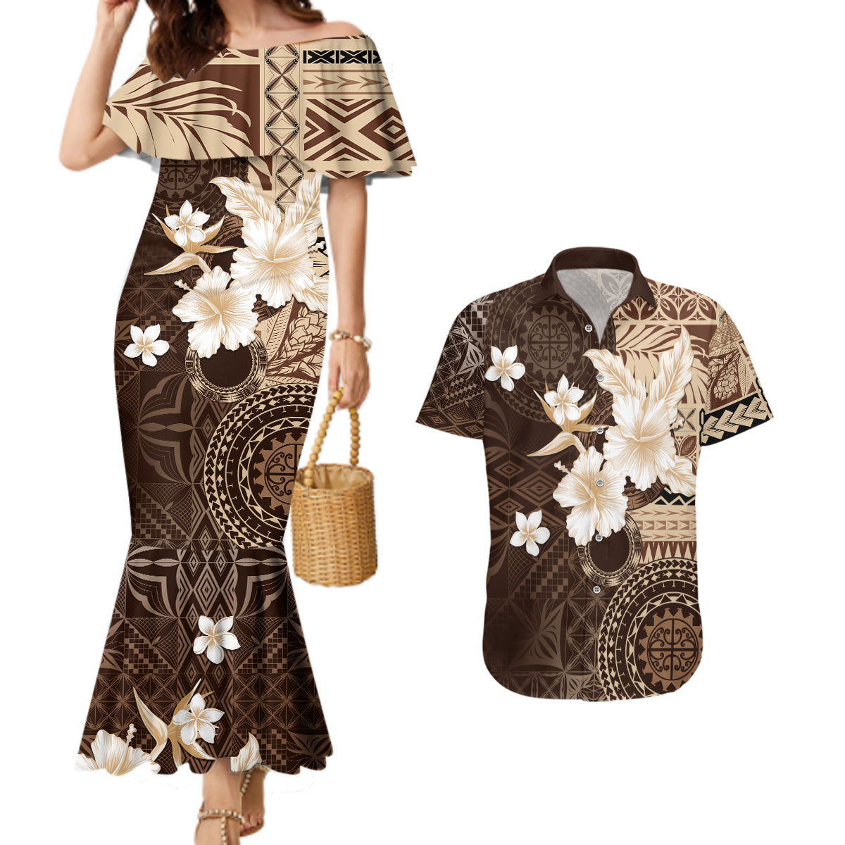 Samoa Siapo Pattern With Brown Hibiscus Couples Matching Mermaid Dress and Hawaiian Shirt LT05 Brown - Polynesian Pride