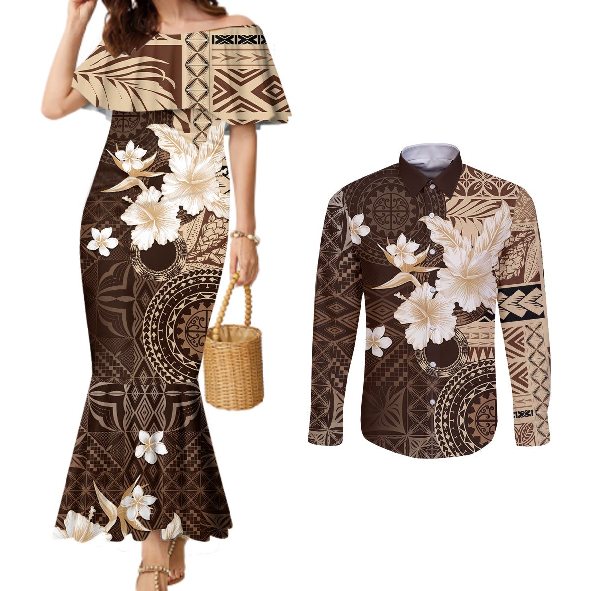 Samoa Siapo Pattern With Brown Hibiscus Couples Matching Mermaid Dress and Long Sleeve Button Shirt LT05 Brown - Polynesian Pride