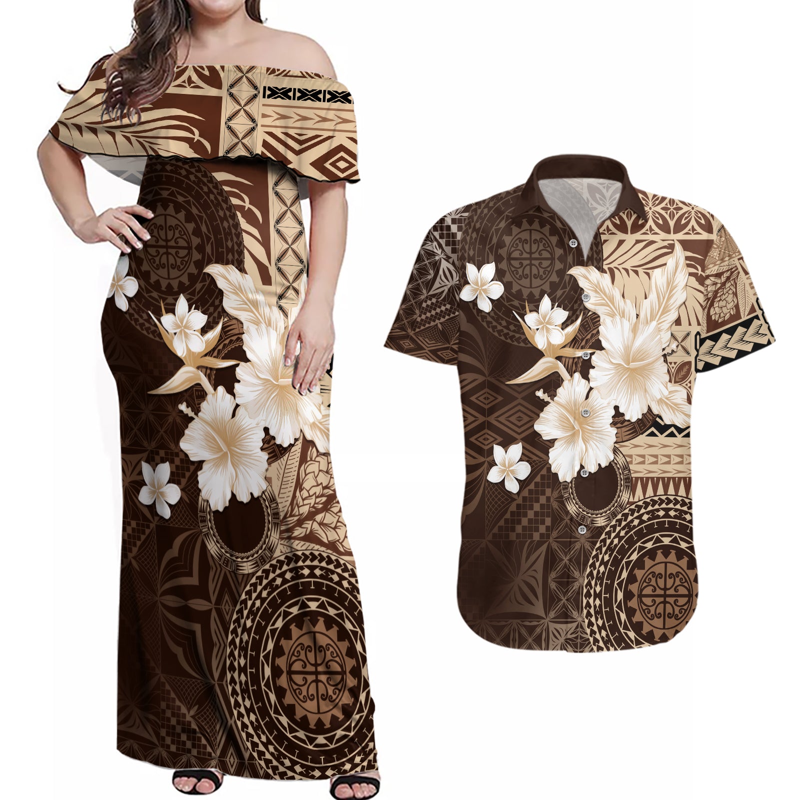 Samoa Siapo Pattern With Brown Hibiscus Couples Matching Off Shoulder Maxi Dress and Hawaiian Shirt LT05 Brown - Polynesian Pride