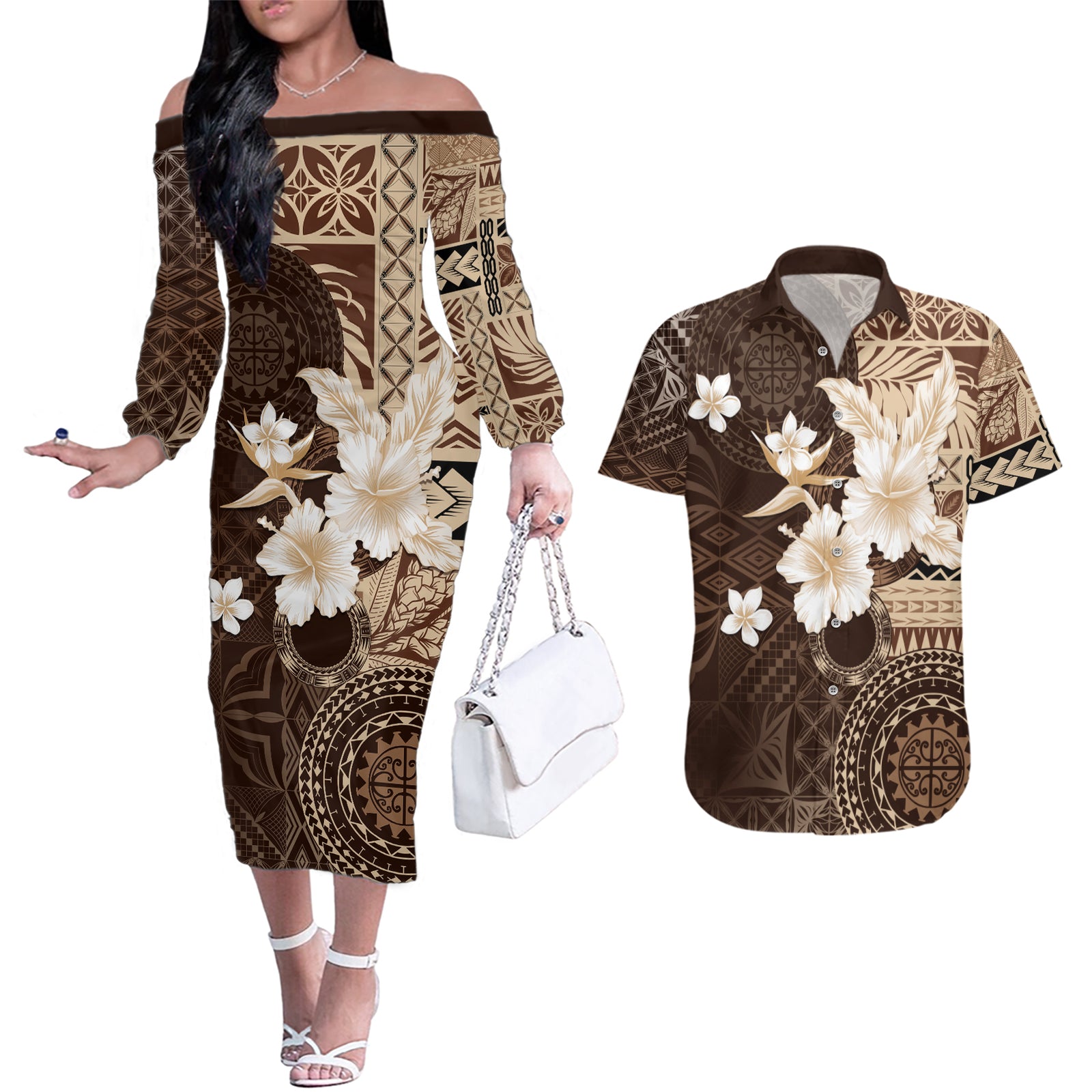 Samoa Siapo Pattern With Brown Hibiscus Couples Matching Off The Shoulder Long Sleeve Dress and Hawaiian Shirt LT05 Brown - Polynesian Pride