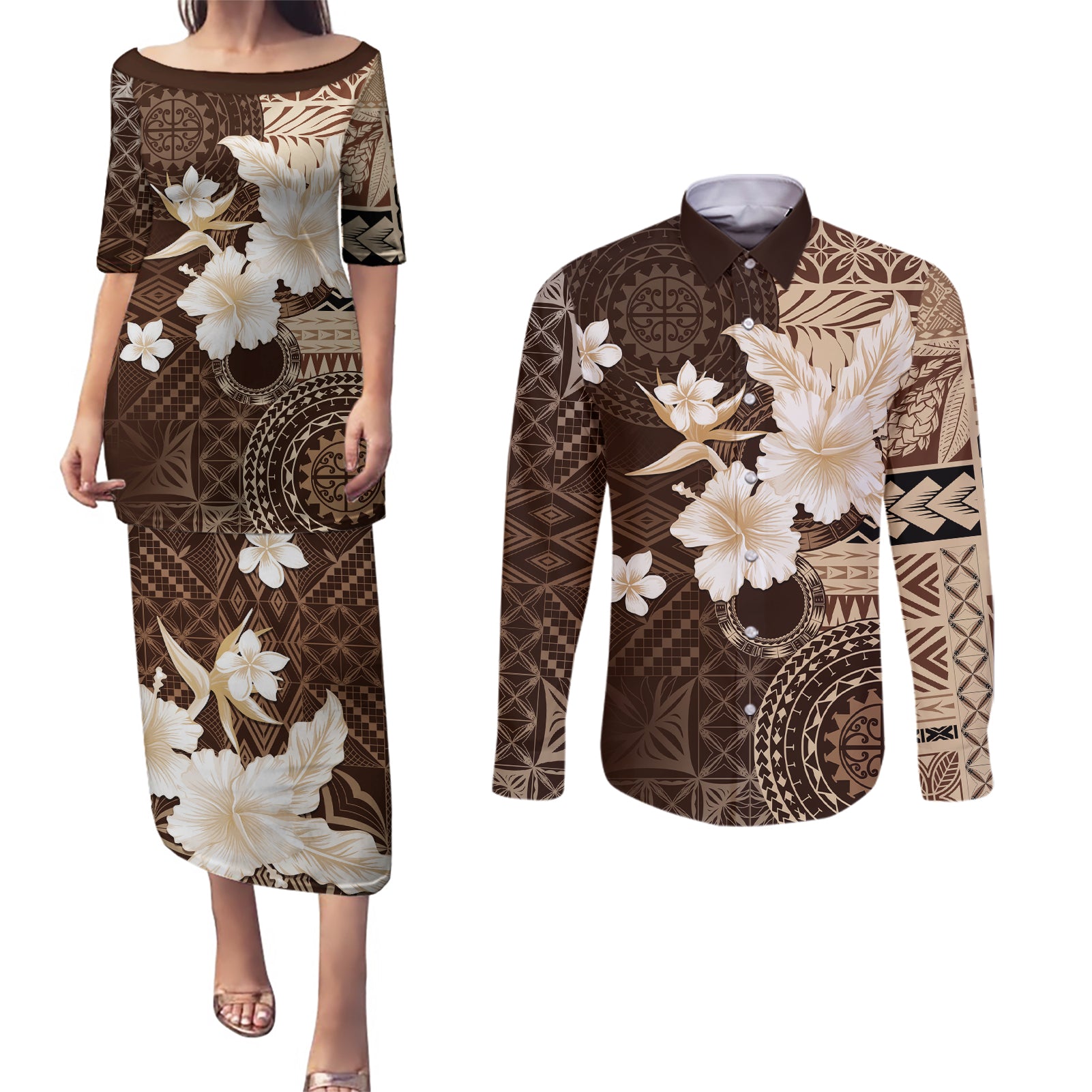 Samoa Siapo Pattern With Brown Hibiscus Couples Matching Puletasi and Long Sleeve Button Shirt LT05 Brown - Polynesian Pride