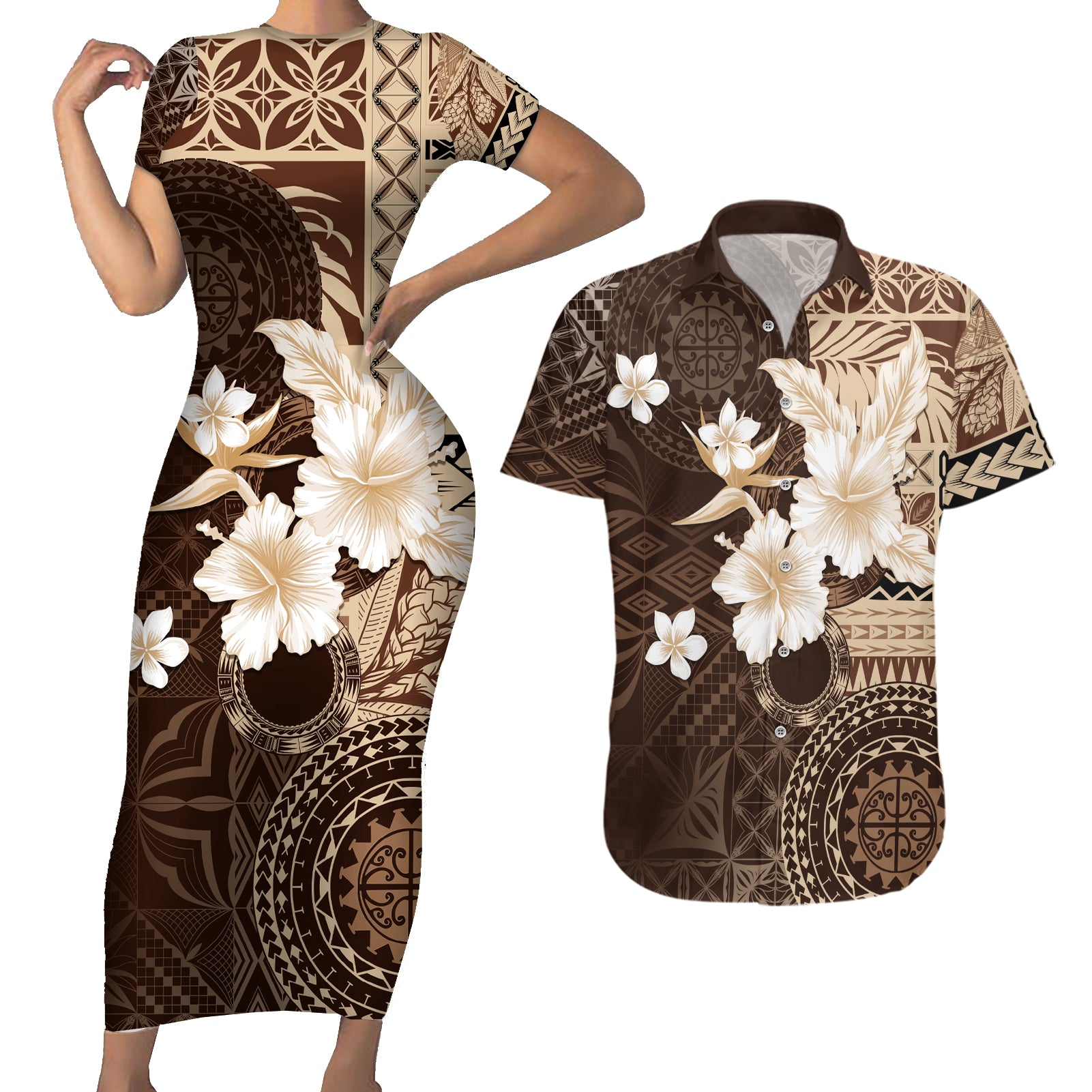 Samoa Siapo Pattern With Brown Hibiscus Couples Matching Short Sleeve Bodycon Dress and Hawaiian Shirt LT05 Brown - Polynesian Pride