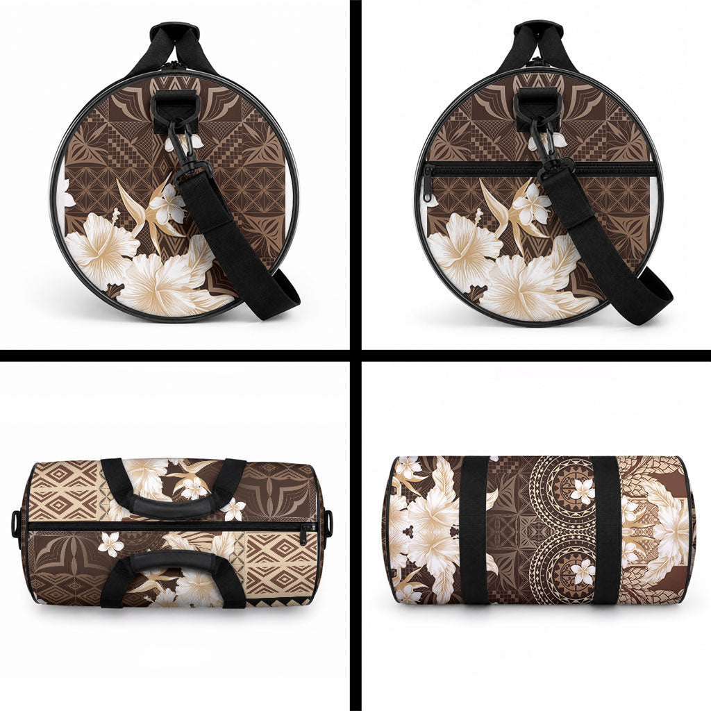 Samoa Siapo Pattern With Brown Hibiscus Duffle Bag LT05 - Polynesian Pride