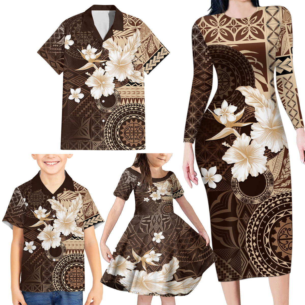 Samoa Siapo Pattern With Brown Hibiscus Family Matching Long Sleeve Bodycon Dress and Hawaiian Shirt LT05 - Polynesian Pride