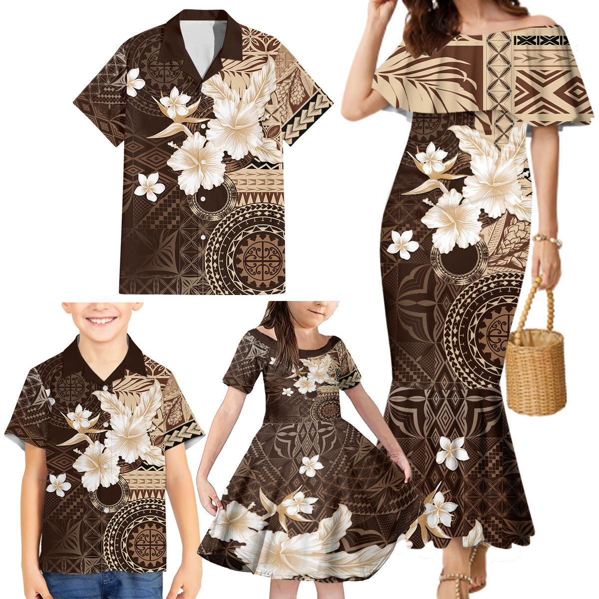 Samoa Siapo Pattern With Brown Hibiscus Family Matching Mermaid Dress and Hawaiian Shirt LT05 - Polynesian Pride