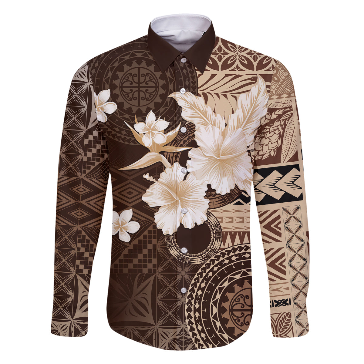 Samoa Siapo Pattern With Brown Hibiscus Family Matching Off Shoulder Long Sleeve Dress and Hawaiian Shirt LT05 Dad's Shirt - Long Sleeve Brown - Polynesian Pride