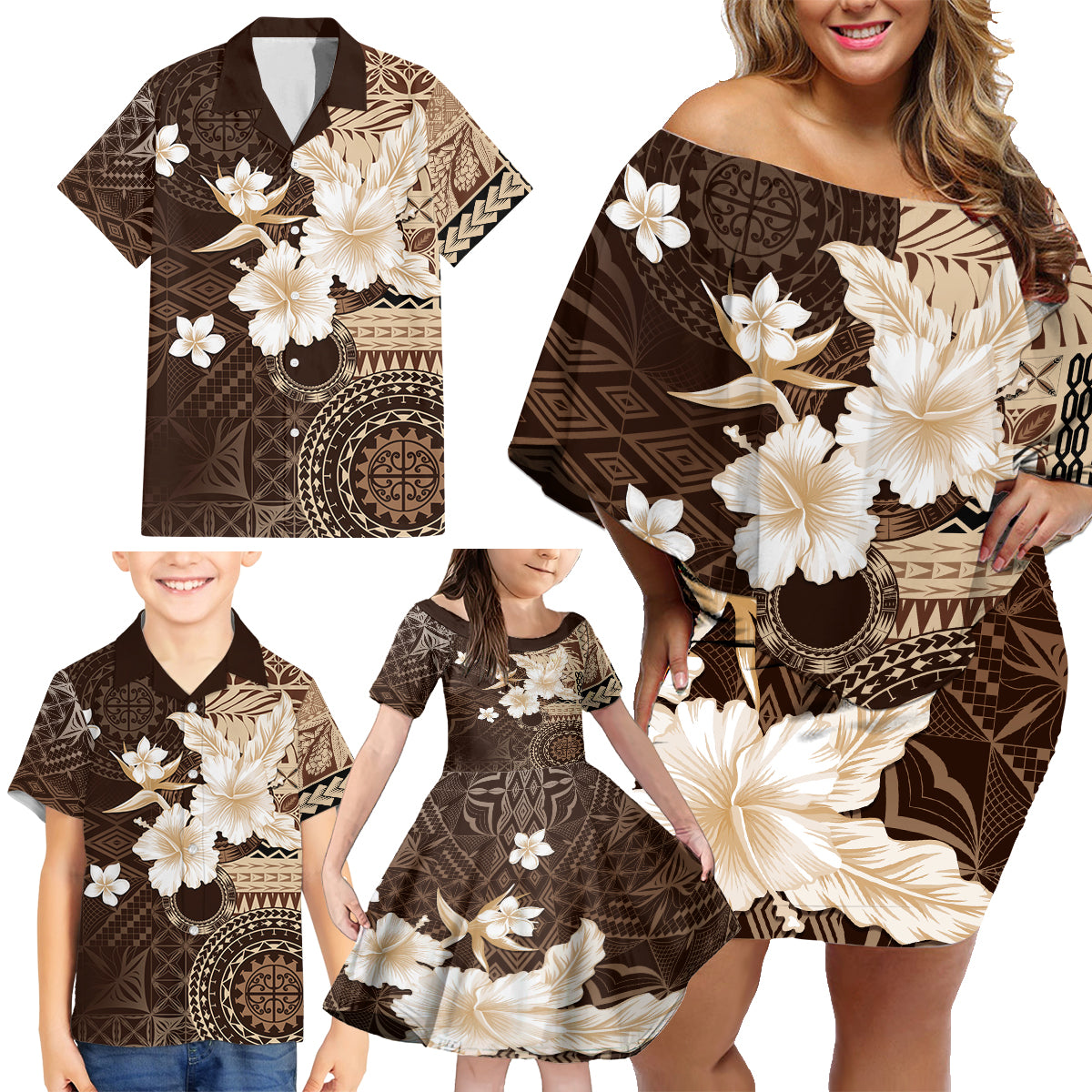 Samoa Siapo Pattern With Brown Hibiscus Family Matching Off Shoulder Short Dress and Hawaiian Shirt LT05 - Polynesian Pride