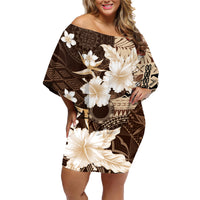 Samoa Siapo Pattern With Brown Hibiscus Family Matching Off Shoulder Short Dress and Hawaiian Shirt LT05 Mom's Dress Brown - Polynesian Pride