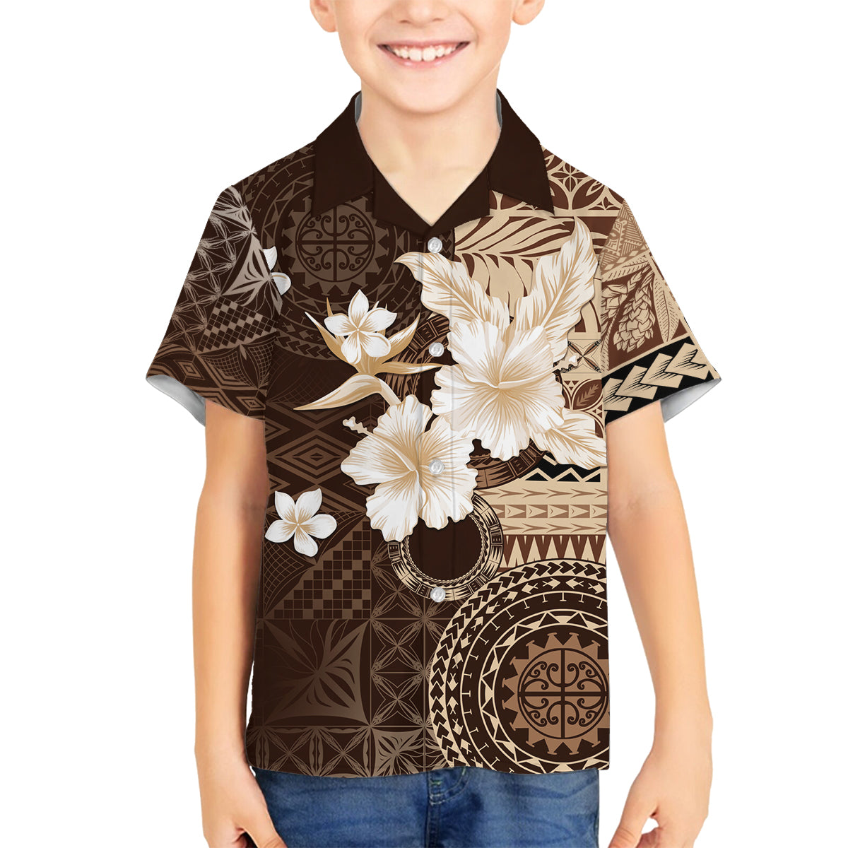 Samoa Siapo Pattern With Brown Hibiscus Family Matching Off Shoulder Short Dress and Hawaiian Shirt LT05 Son's Shirt Brown - Polynesian Pride