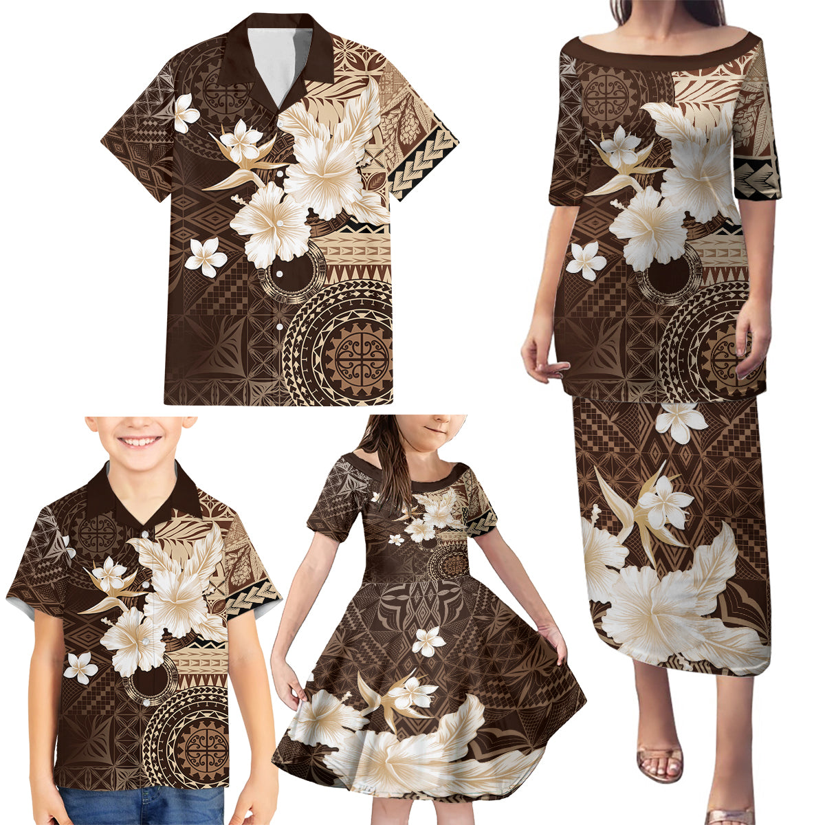 Samoa Siapo Pattern With Brown Hibiscus Family Matching Puletasi and Hawaiian Shirt LT05 - Polynesian Pride