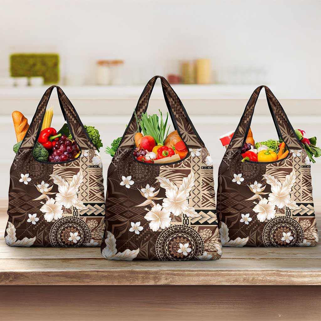 Samoa Siapo Pattern With Brown Hibiscus Grocery Bag LT05 3-pack One Size Brown - Polynesian Pride