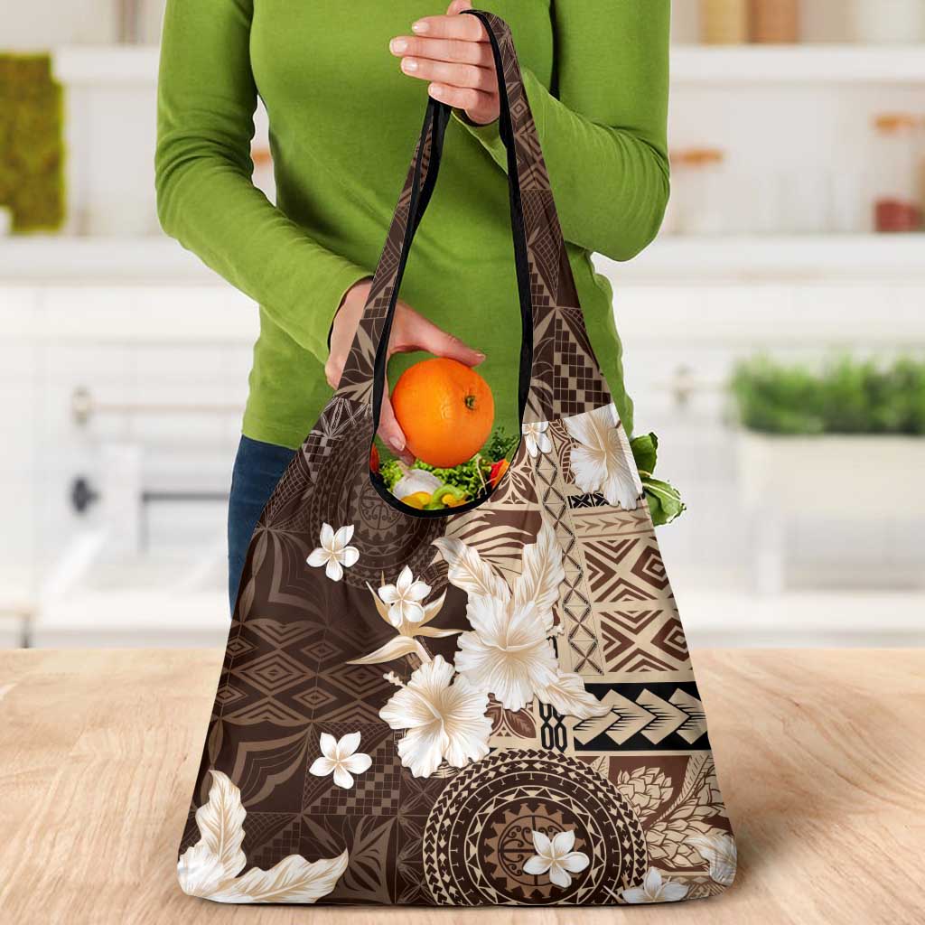 Samoa Siapo Pattern With Brown Hibiscus Grocery Bag LT05 - Polynesian Pride