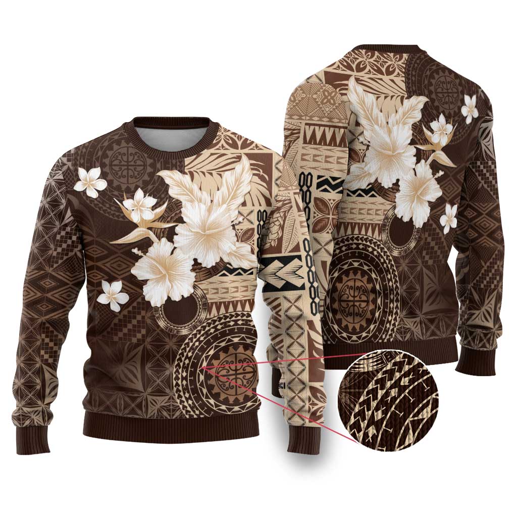 Samoa Siapo Pattern With Brown Hibiscus Ugly Christmas Sweater