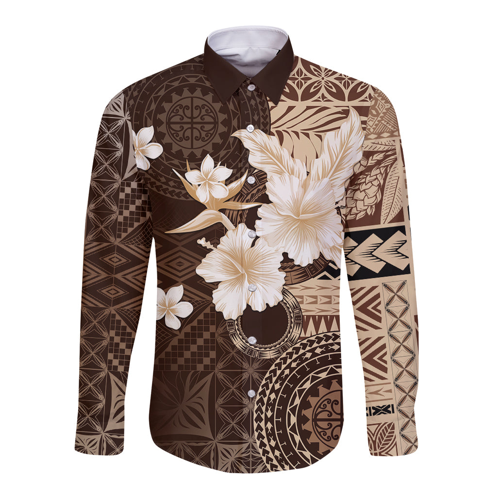 Samoa Siapo Pattern With Brown Hibiscus Long Sleeve Button Shirt LT05 Unisex Brown - Polynesian Pride