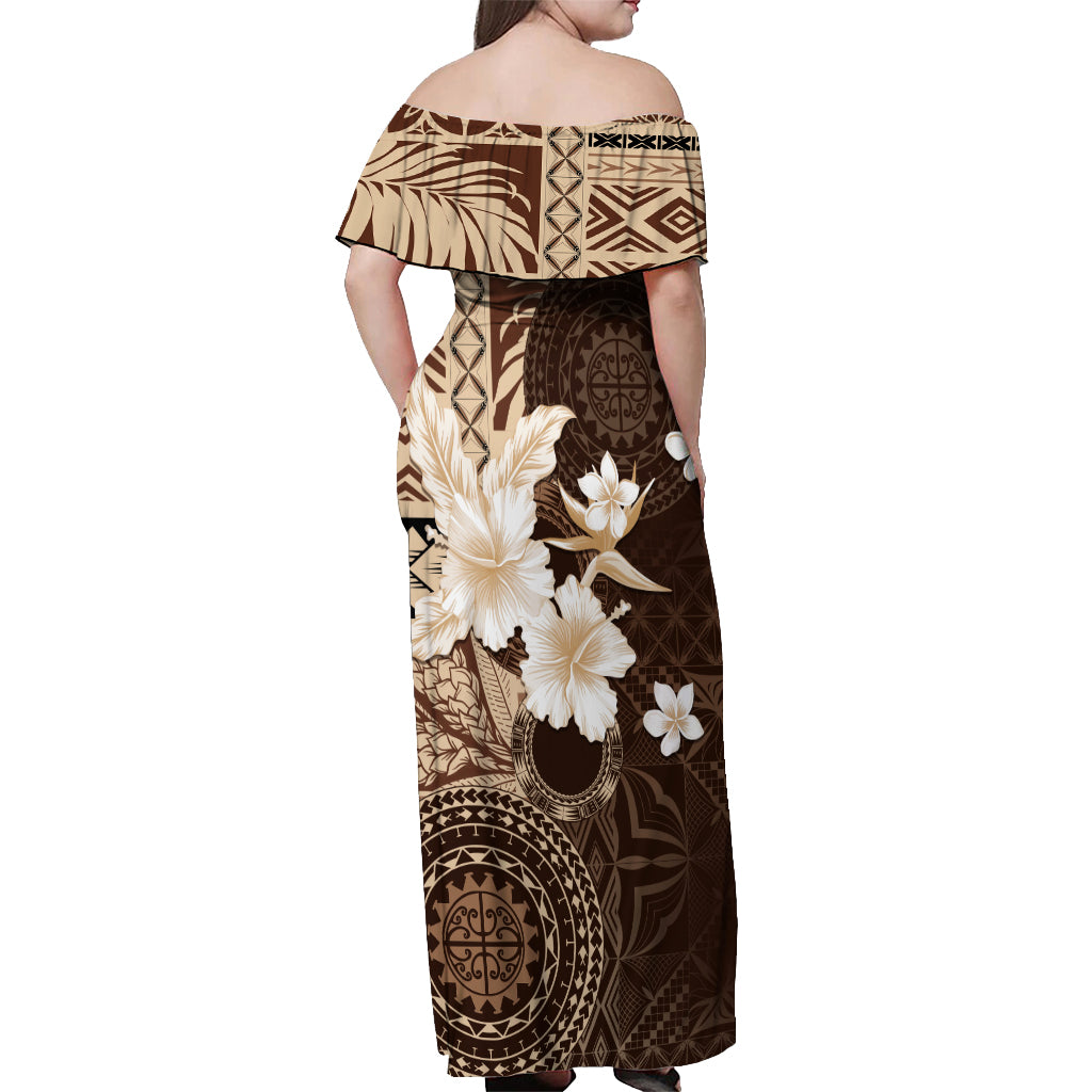 Samoa Siapo Pattern With Brown Hibiscus Off Shoulder Maxi Dress LT05 - Polynesian Pride