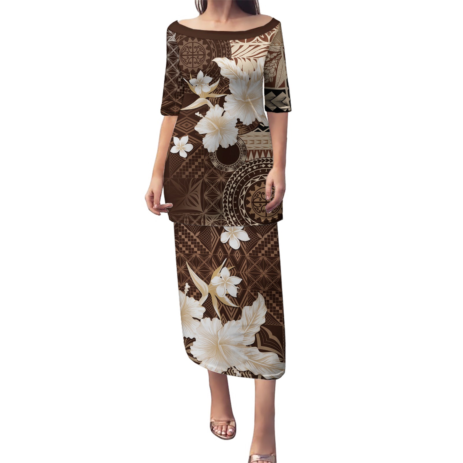 Samoa Siapo Pattern With Brown Hibiscus Puletasi LT05 Long Dress Brown - Polynesian Pride