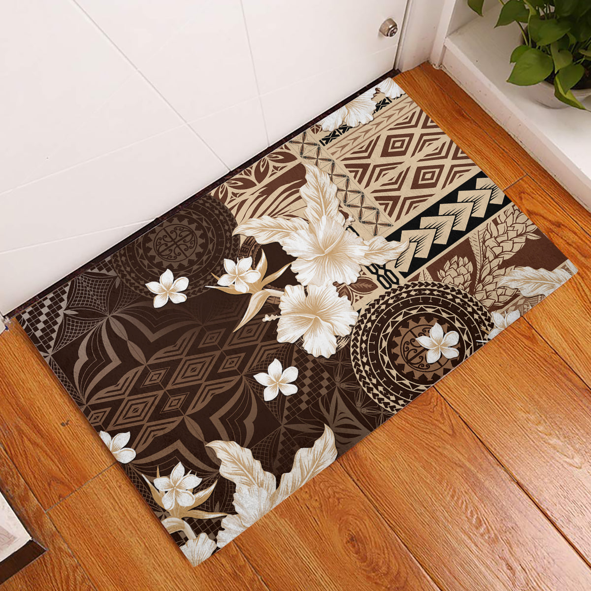 Samoa Siapo Pattern With Brown Hibiscus Rubber Doormat