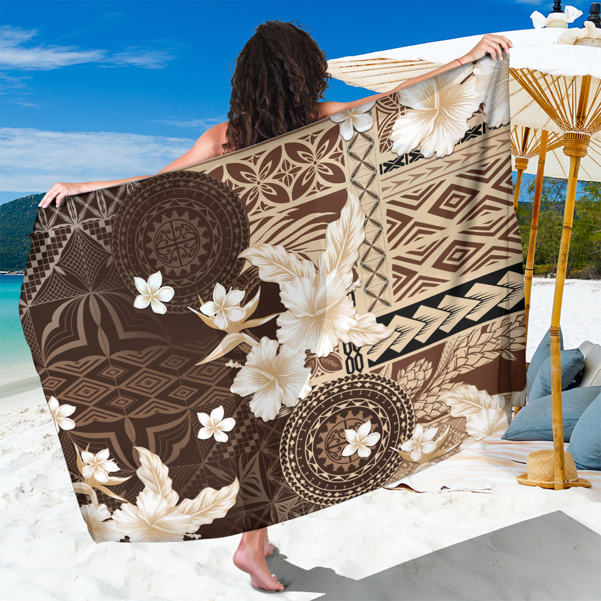 Samoa Siapo Pattern With Brown Hibiscus Sarong