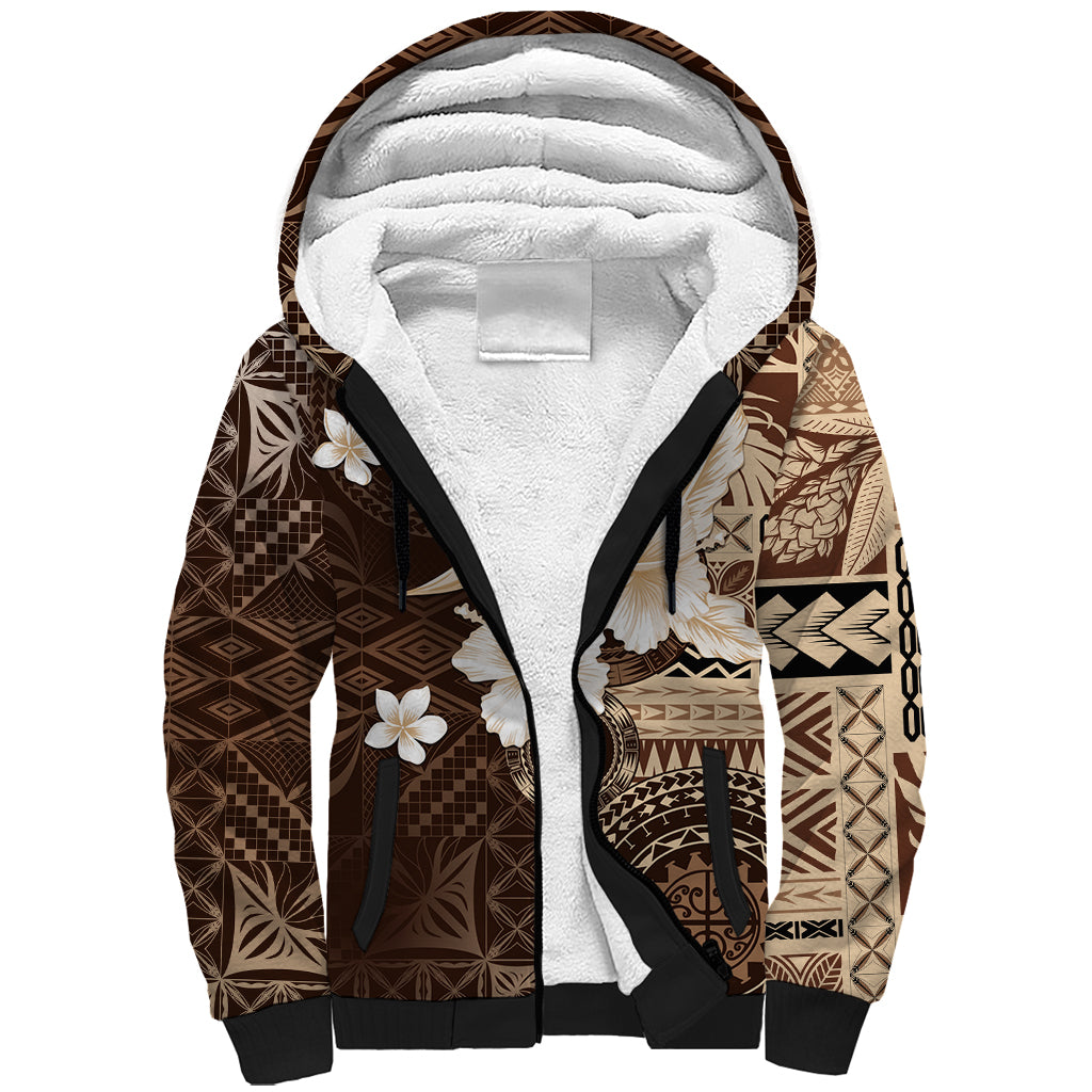 Samoa Siapo Pattern With Brown Hibiscus Sherpa Hoodie LT05 Unisex Brown - Polynesian Pride