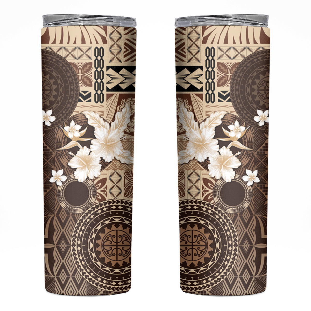 Samoa Siapo Pattern With Brown Hibiscus Skinny Tumbler