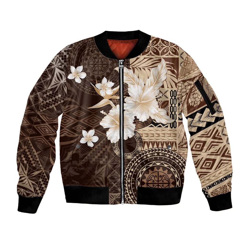 Samoa Siapo Pattern With Brown Hibiscus Sleeve Zip Bomber Jacket LT05 Unisex Brown - Polynesian Pride