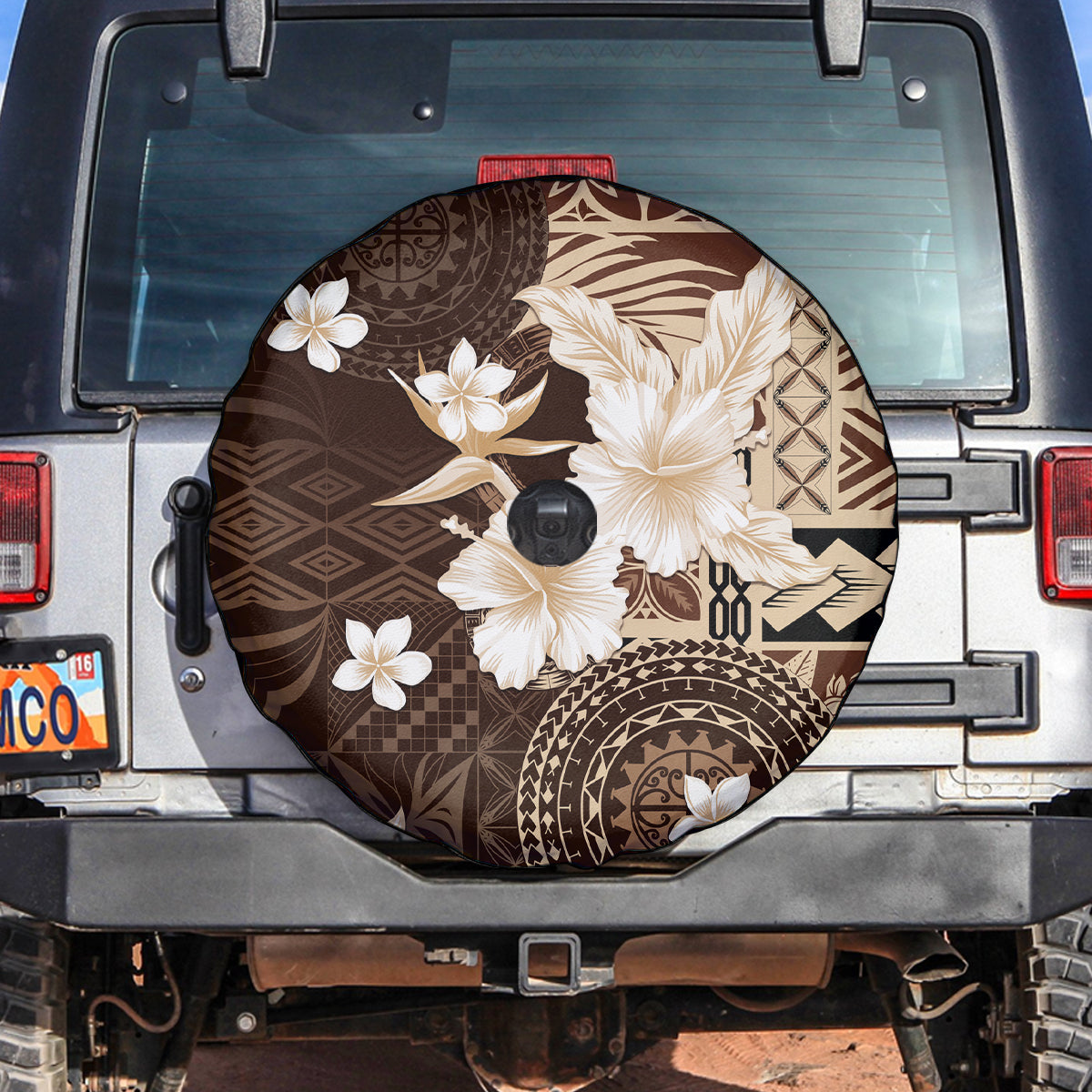 Samoa Siapo Pattern With Brown Hibiscus Spare Tire Cover