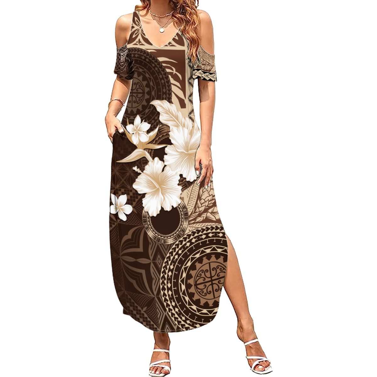 Samoa Siapo Pattern With Brown Hibiscus Summer Maxi Dress LT05 Women Brown - Polynesian Pride