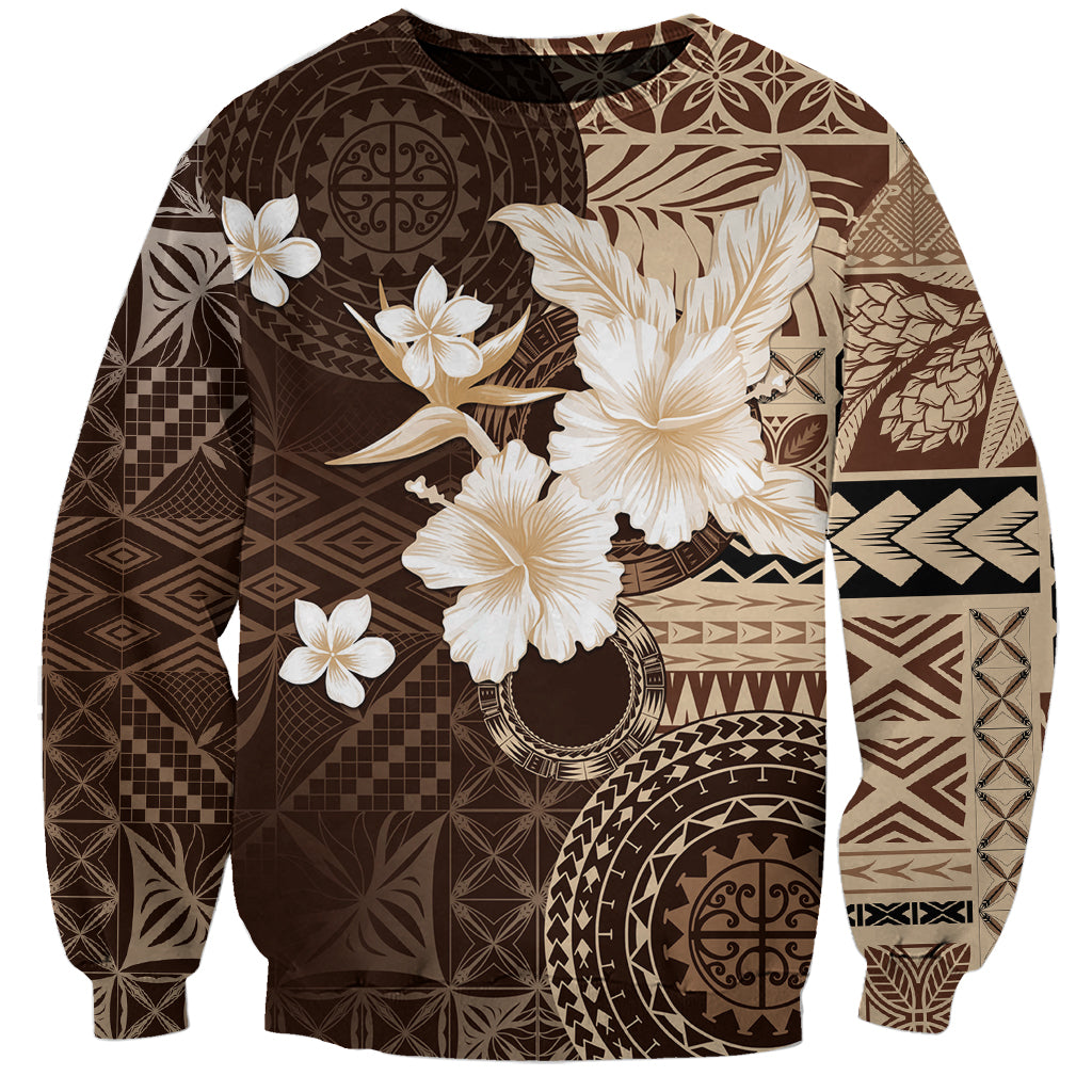 Samoa Siapo Pattern With Brown Hibiscus Sweatshirt LT05 Unisex Brown - Polynesian Pride