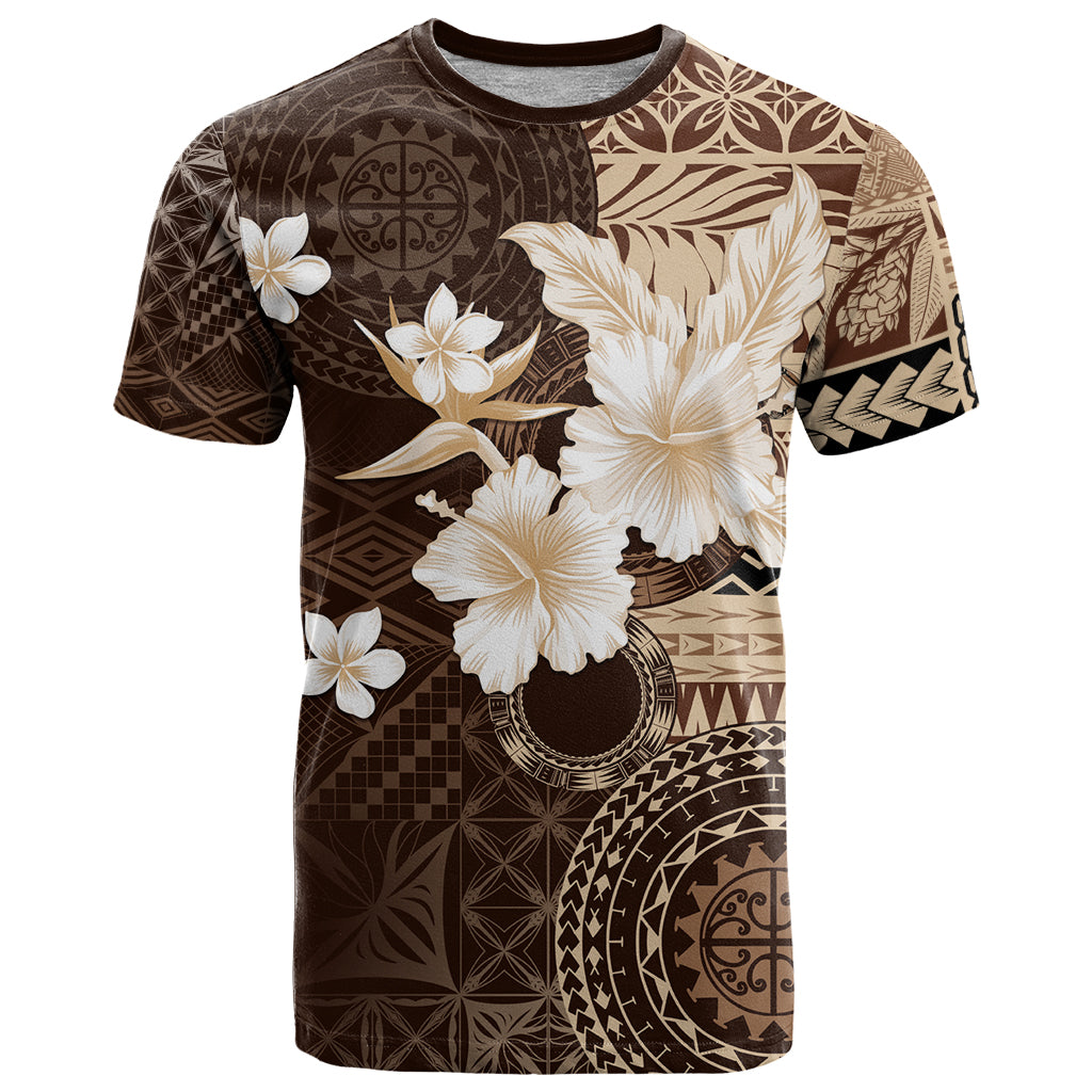 Samoa Siapo Pattern With Brown Hibiscus T Shirt LT05 Brown - Polynesian Pride