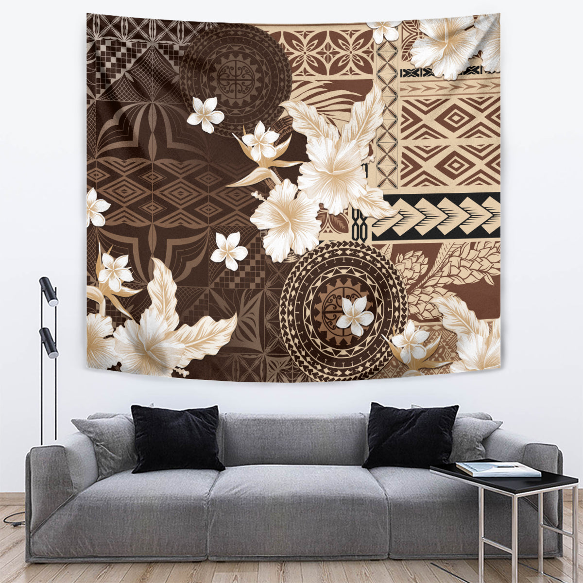 Samoa Siapo Pattern With Brown Hibiscus Tapestry