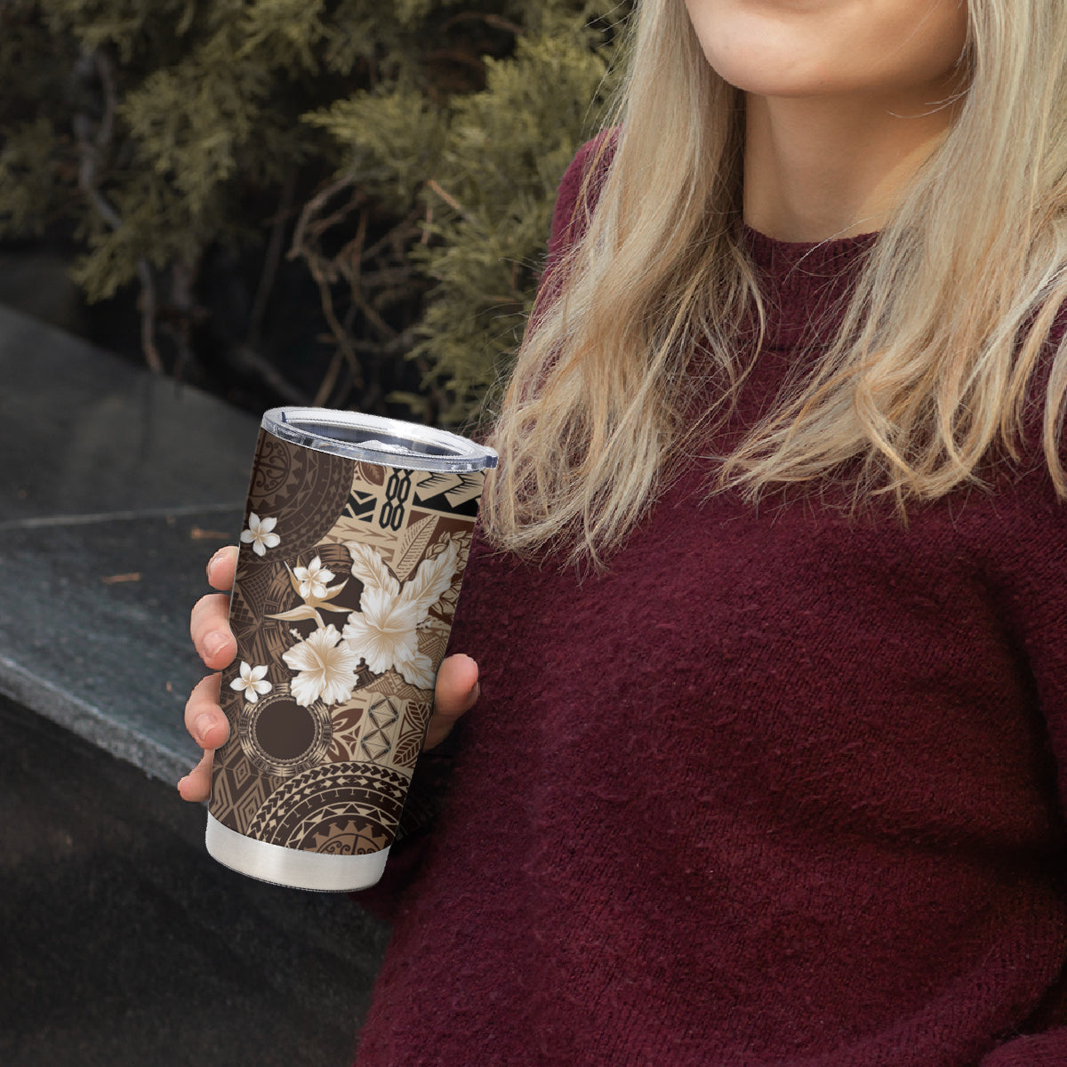Samoa Siapo Pattern With Brown Hibiscus Tumbler Cup