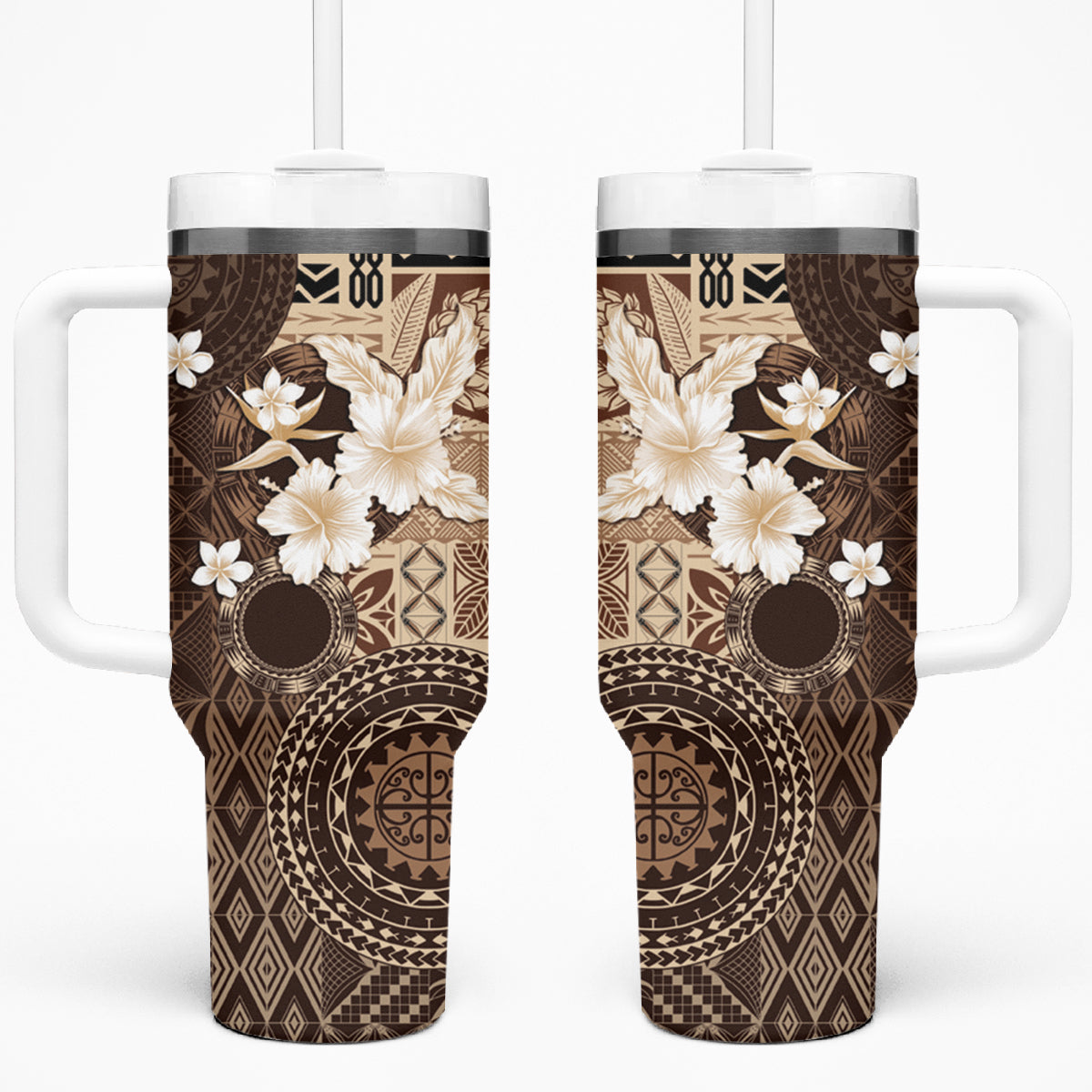 Samoa Siapo Pattern With Brown Hibiscus Tumbler With Handle