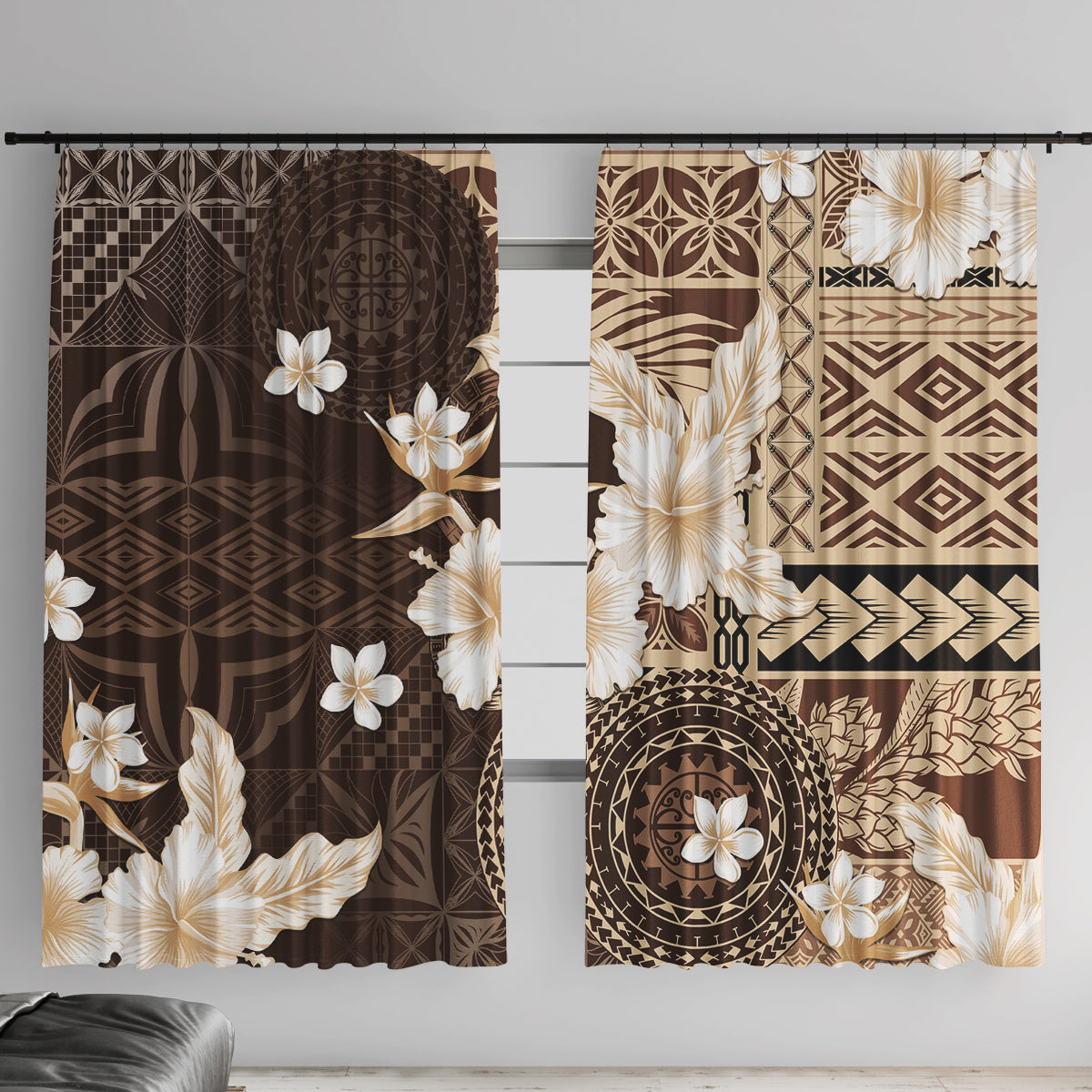 Samoa Siapo Pattern With Brown Hibiscus Window Curtain