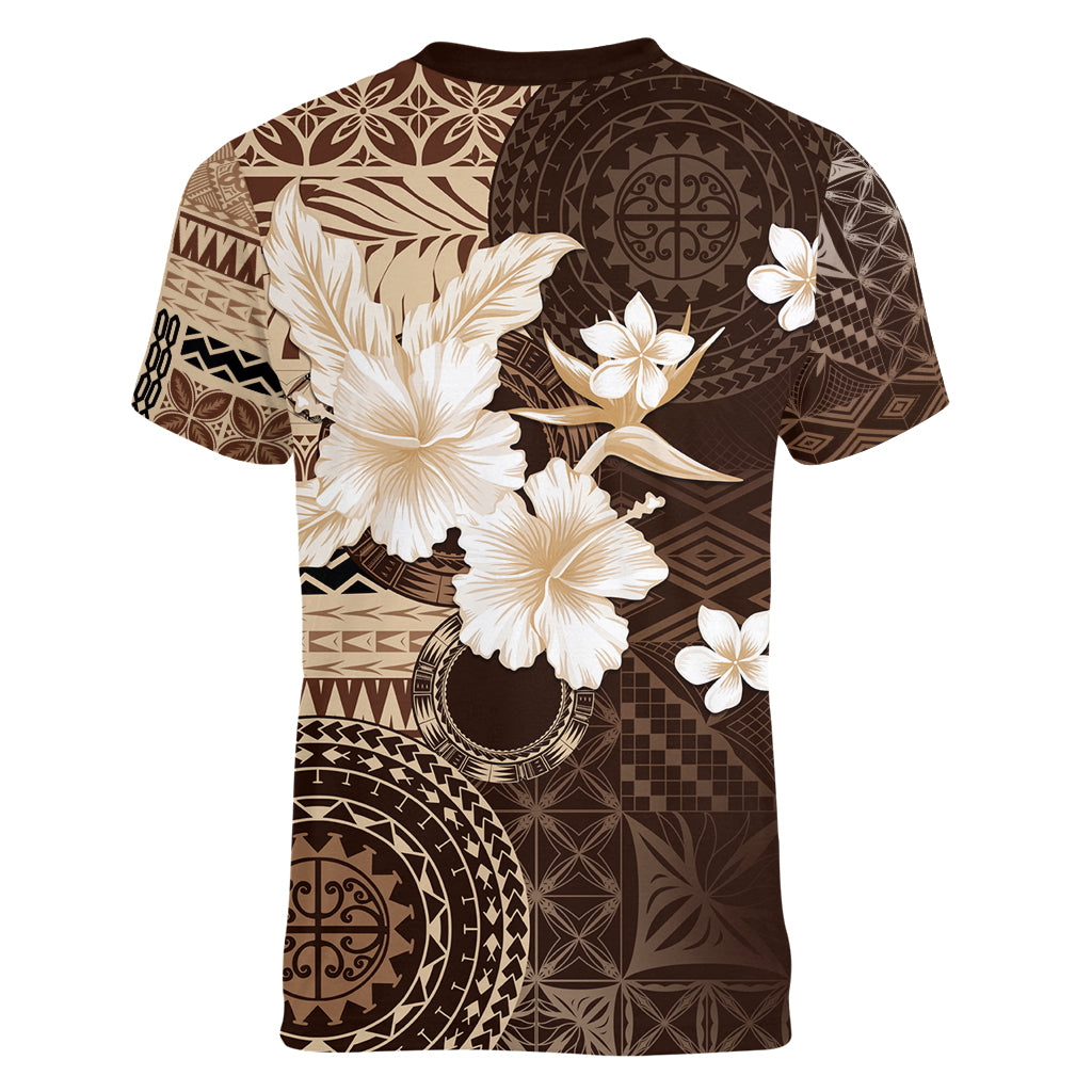 Samoa Siapo Pattern With Brown Hibiscus Women V Neck T Shirt LT05 - Polynesian Pride