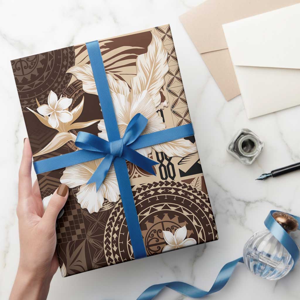 Samoa Siapo Pattern With Brown Hibiscus Wrapping Paper LT05 - Polynesian Pride