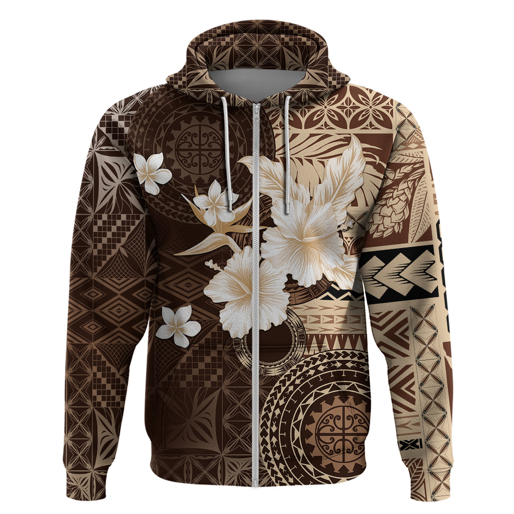 Samoa Siapo Pattern With Brown Hibiscus Zip Hoodie LT05 Zip Hoodie Brown - Polynesian Pride