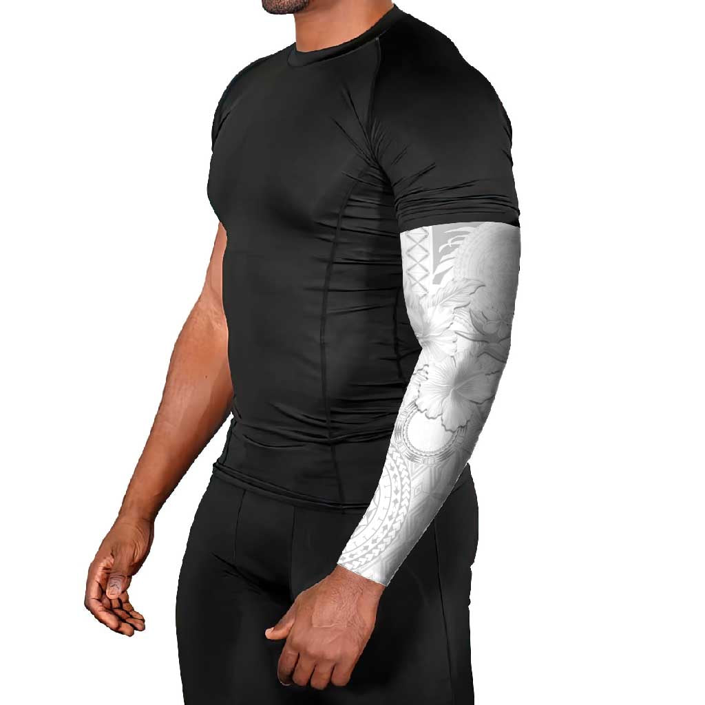 Samoa Siapo Pattern With White Hibiscus Arm Sleeves - Polynesian Pride
