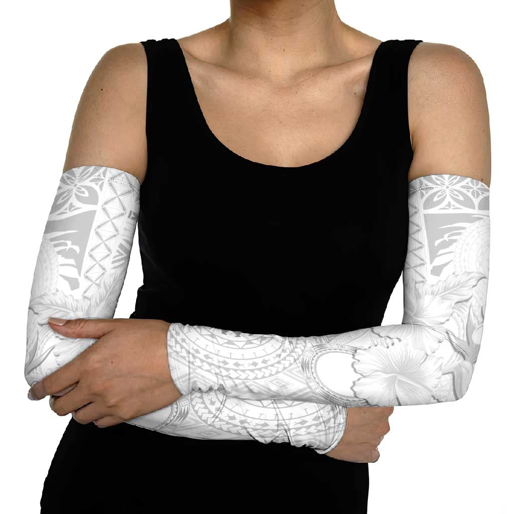 Samoa Siapo Pattern With White Hibiscus Arm Sleeves - Polynesian Pride