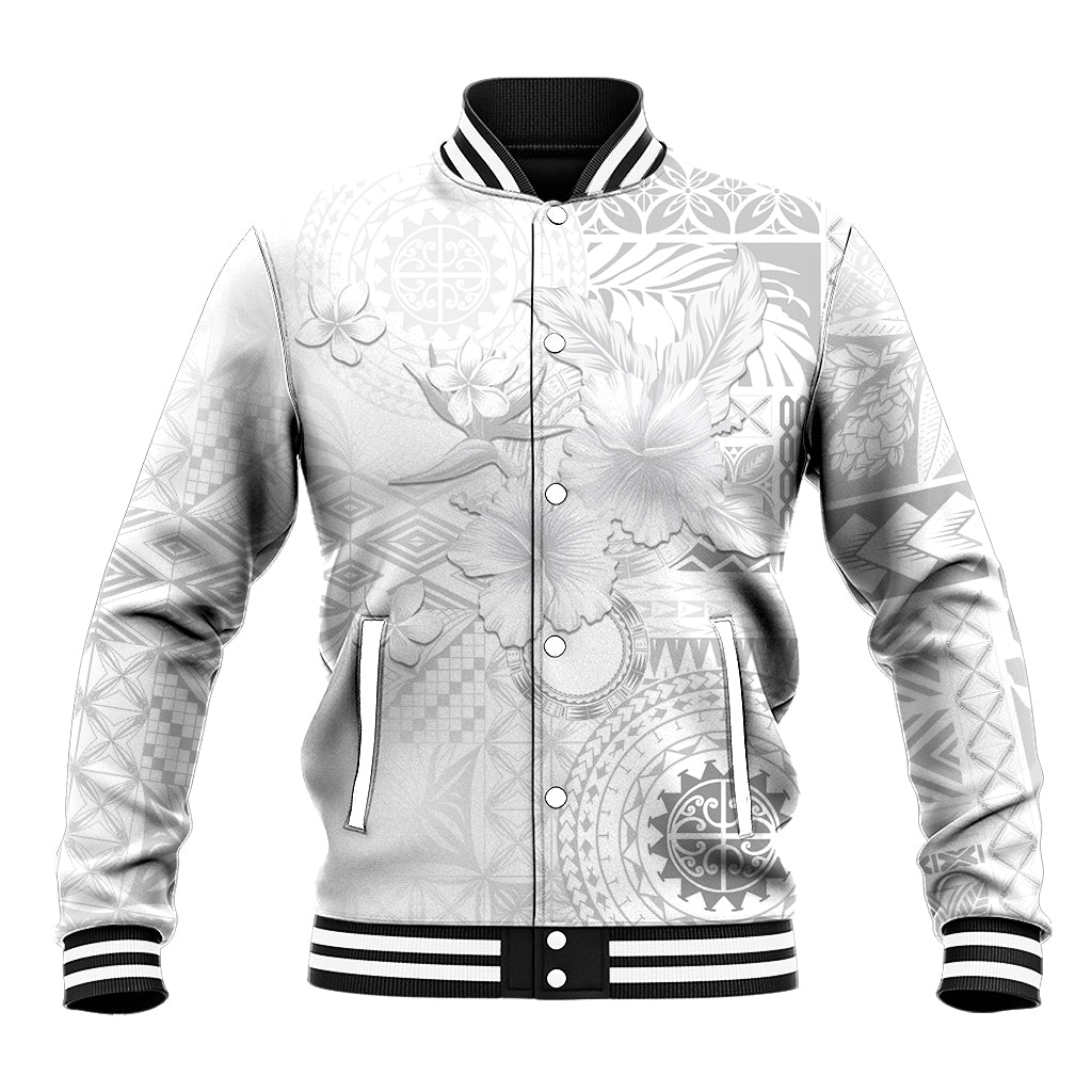 Samoa Siapo Pattern With White Hibiscus Baseball Jacket LT05 Unisex White - Polynesian Pride