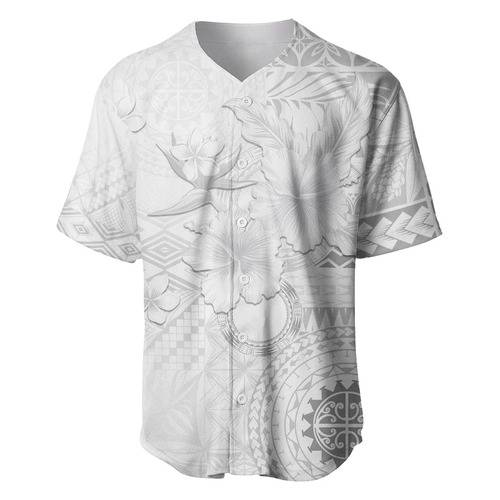 Samoa Siapo Pattern With White Hibiscus Baseball Jersey LT05 White - Polynesian Pride