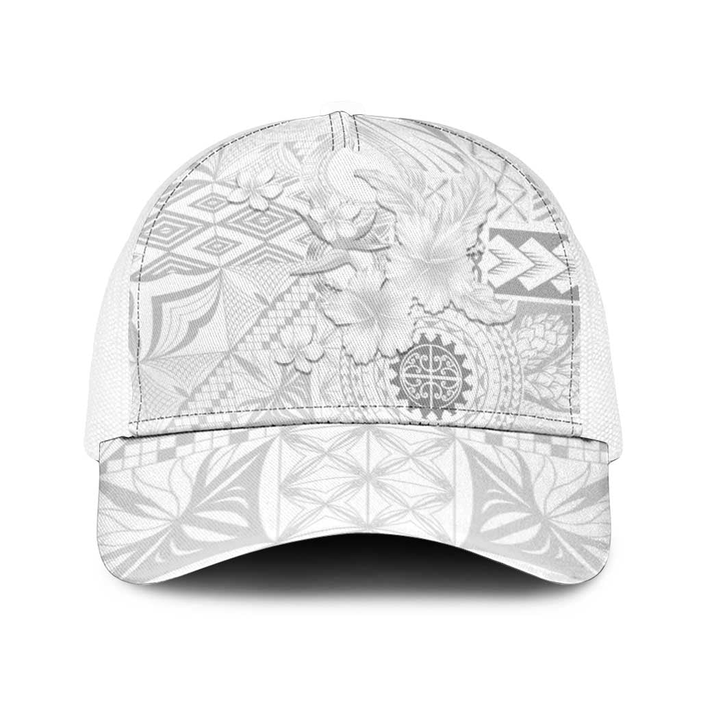 Samoa Siapo Pattern With White Hibiscus Baseball Net Cap - Polynesian Pride
