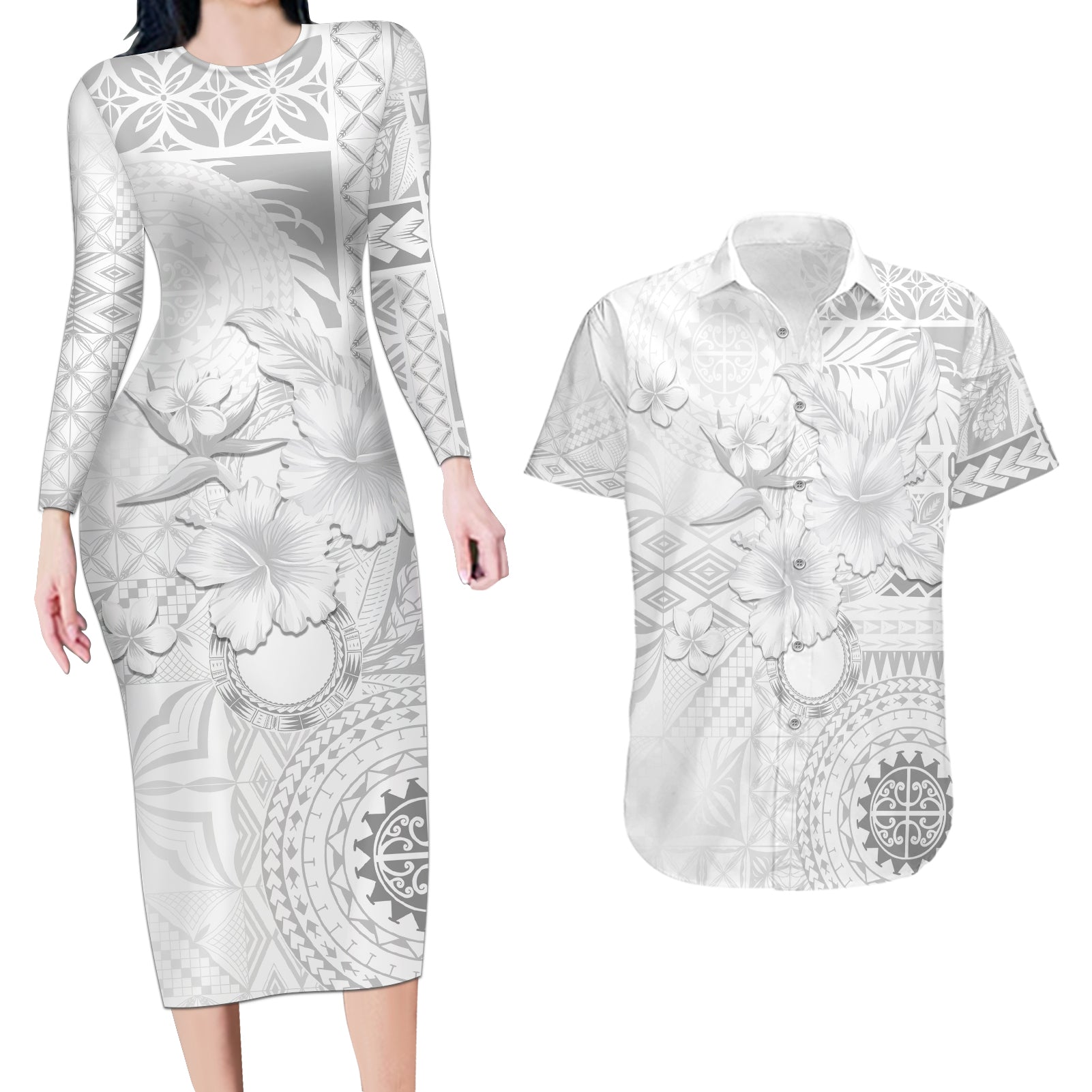 Samoa Siapo Pattern With White Hibiscus Couples Matching Long Sleeve Bodycon Dress and Hawaiian Shirt LT05 White - Polynesian Pride