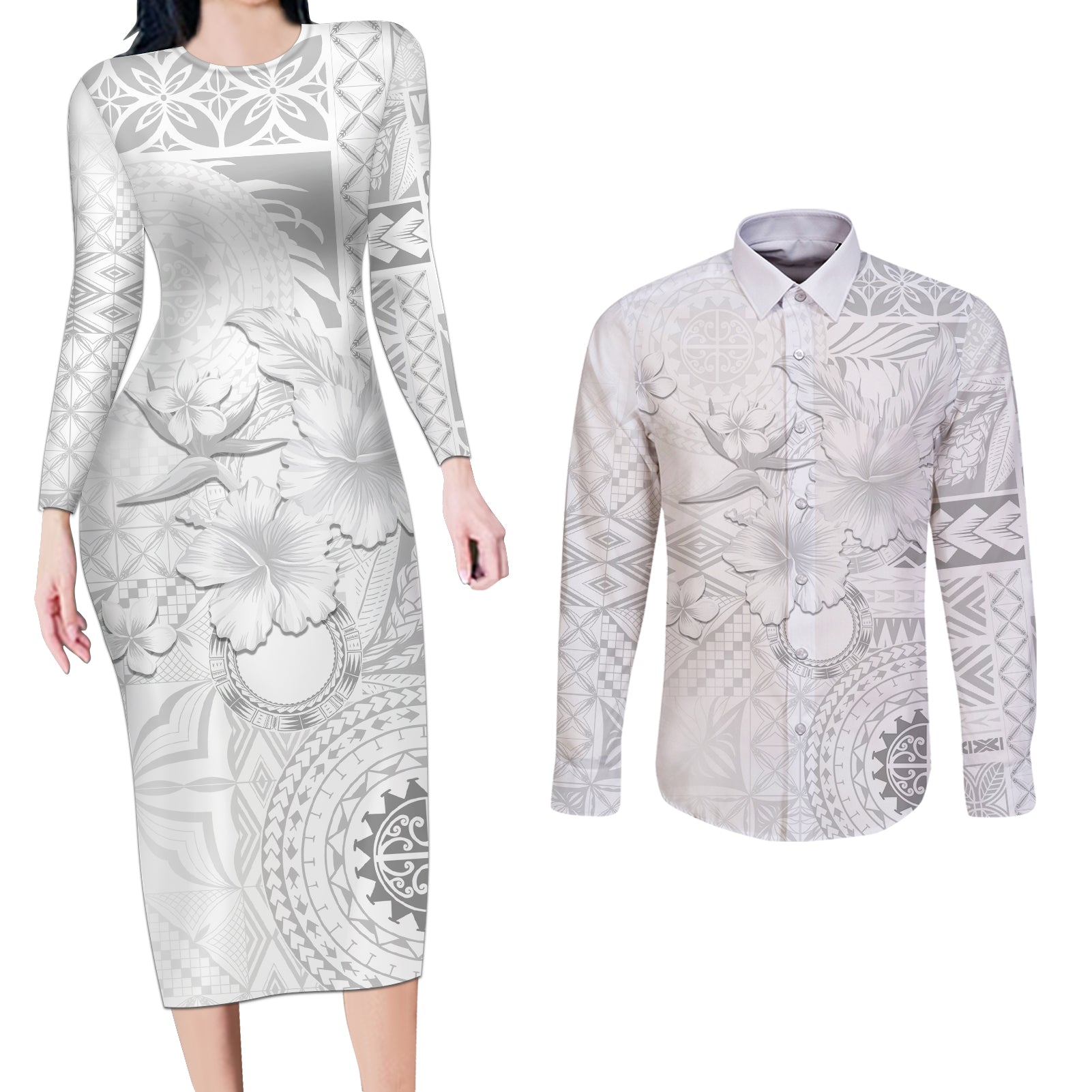 Samoa Siapo Pattern With White Hibiscus Couples Matching Long Sleeve Bodycon Dress and Long Sleeve Button Shirt LT05 White - Polynesian Pride