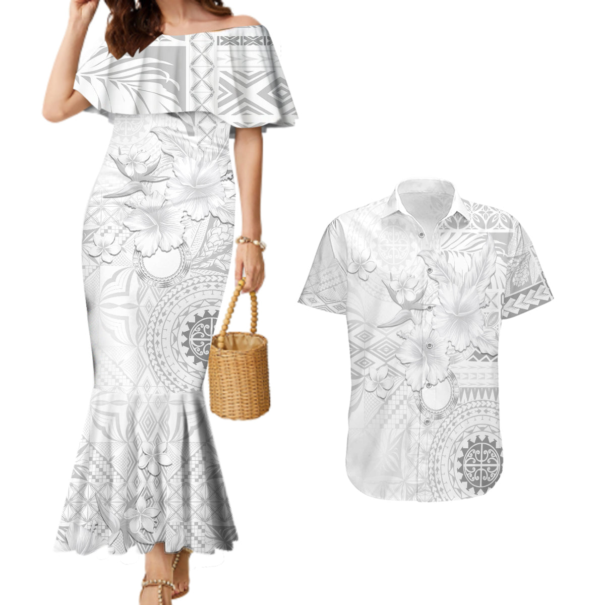 Samoa Siapo Pattern With White Hibiscus Couples Matching Mermaid Dress and Hawaiian Shirt LT05 White - Polynesian Pride