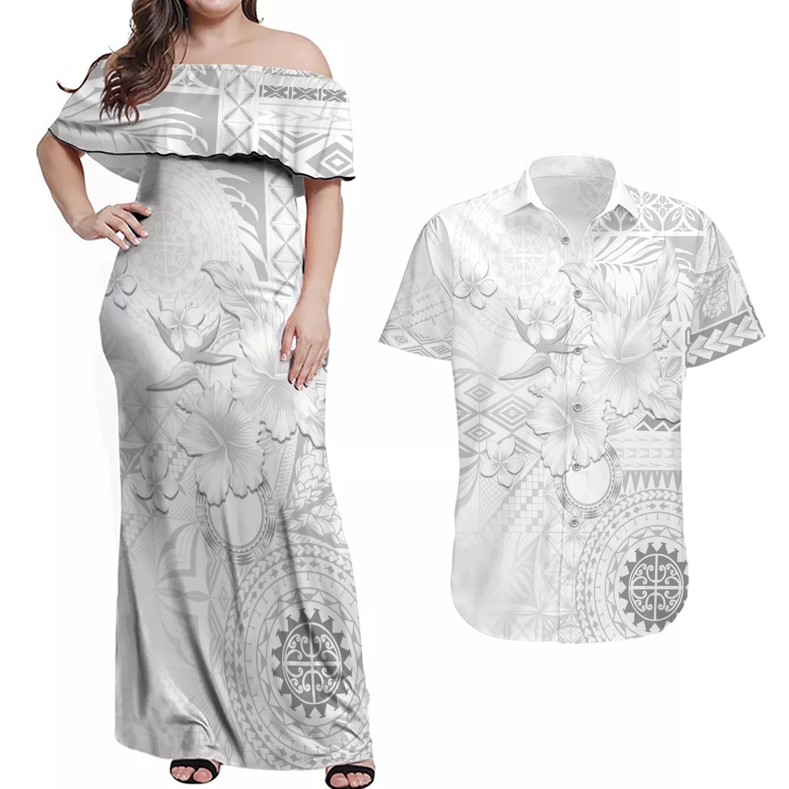 Samoa Siapo Pattern With White Hibiscus Couples Matching Off Shoulder Maxi Dress and Hawaiian Shirt LT05 White - Polynesian Pride