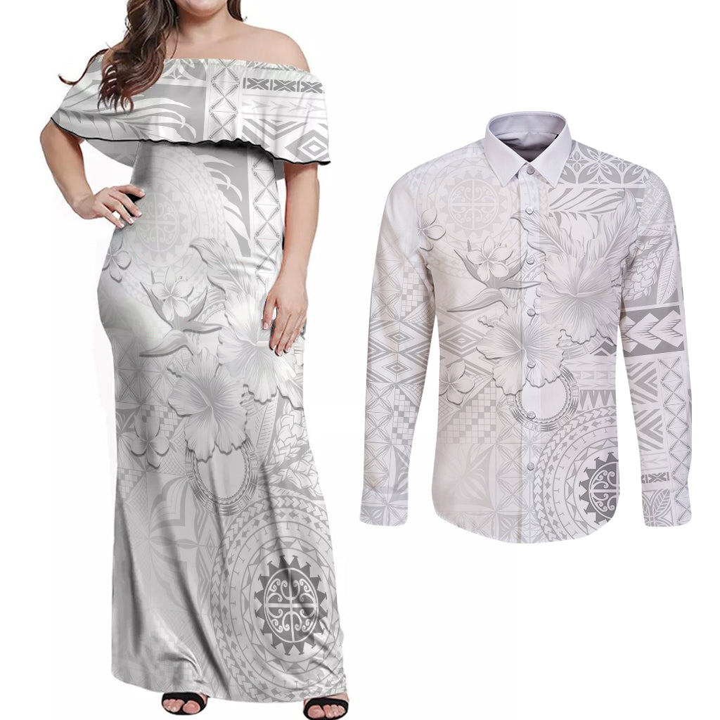 Samoa Siapo Pattern With White Hibiscus Couples Matching Off Shoulder Maxi Dress and Long Sleeve Button Shirt LT05 White - Polynesian Pride