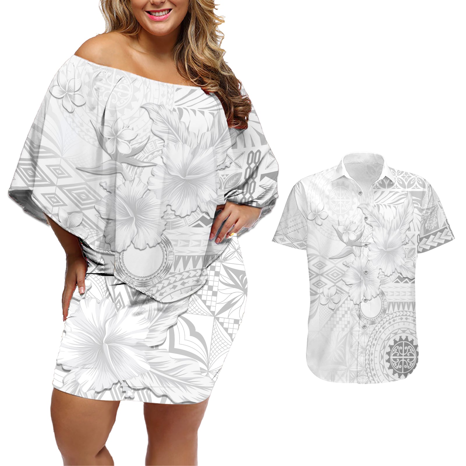 Samoa Siapo Pattern With White Hibiscus Couples Matching Off Shoulder Short Dress and Hawaiian Shirt LT05 White - Polynesian Pride