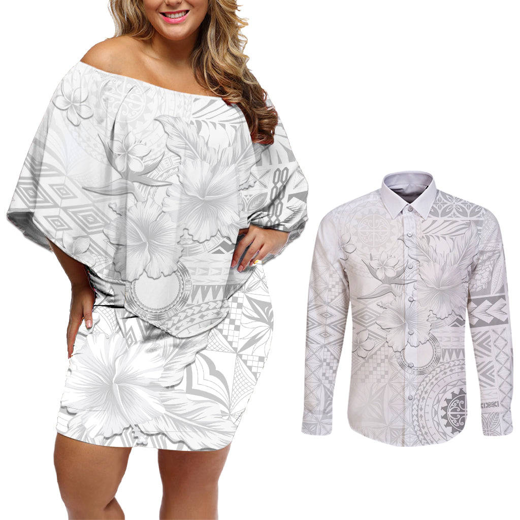 Samoa Siapo Pattern With White Hibiscus Couples Matching Off Shoulder Short Dress and Long Sleeve Button Shirt LT05 White - Polynesian Pride