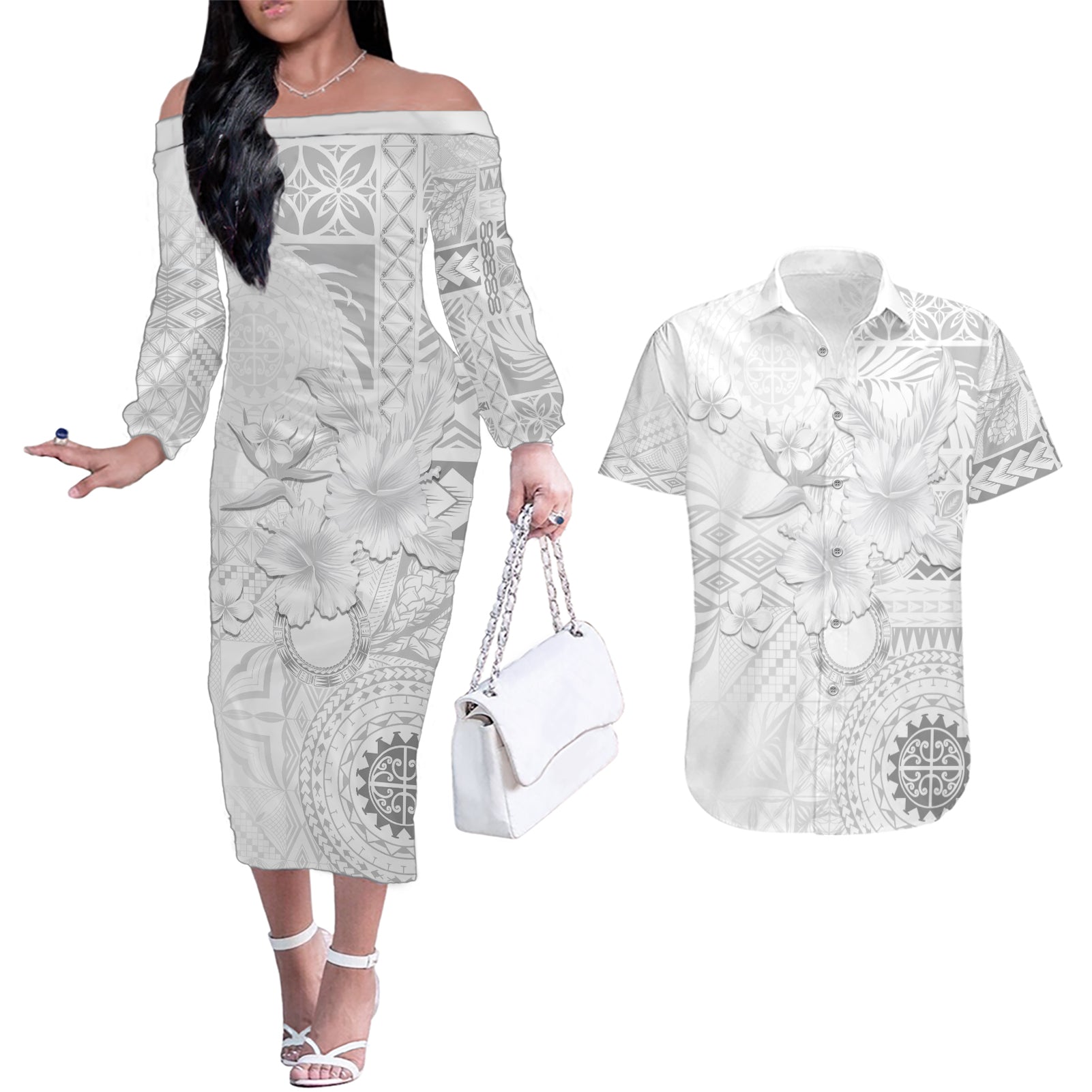 Samoa Siapo Pattern With White Hibiscus Couples Matching Off The Shoulder Long Sleeve Dress and Hawaiian Shirt LT05 White - Polynesian Pride