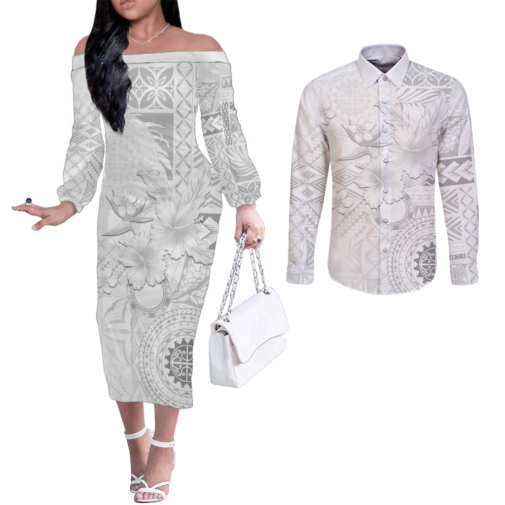 Samoa Siapo Pattern With White Hibiscus Couples Matching Off The Shoulder Long Sleeve Dress and Long Sleeve Button Shirt LT05 White - Polynesian Pride